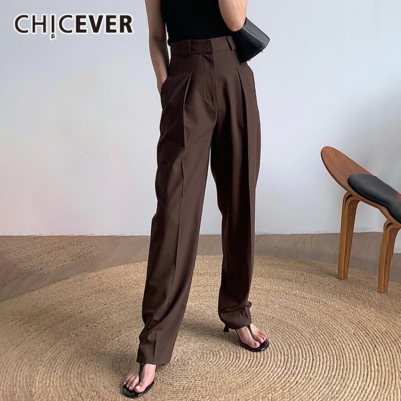 Женские брюки с высокой талией CHICEVER черные корейские элегантные прямые