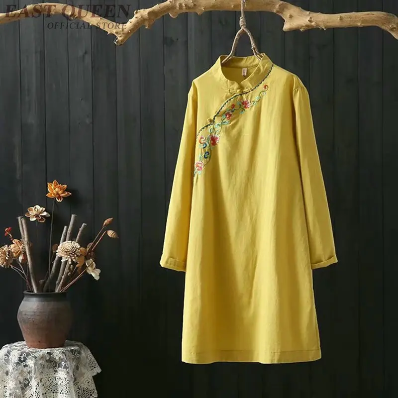Желтое китайское платье длинная рубашка Женская туника Женские топы и блузки