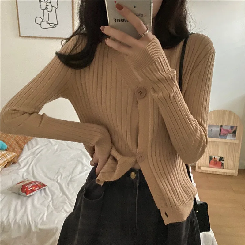 

Korean Style Thin Slim Woman Knit Sweater Long Sleeve V-Neck Ladies Cardigan Short Single Breasted Solid Female Sweater Outwear
