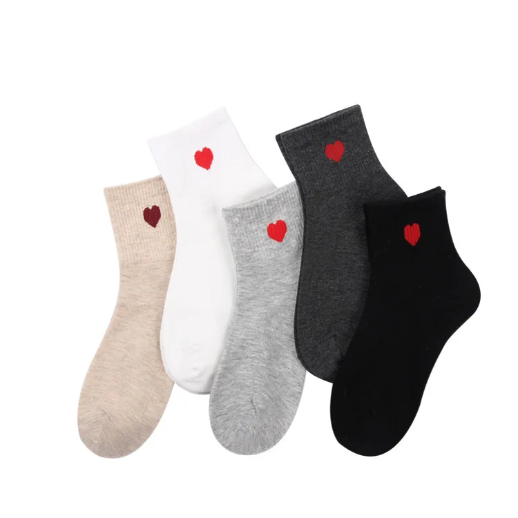 1 Pair New Cute Socks Women Red Heart Pattern Soft Breathable Cotton Ankle-High Casual Comfy Preppy Style | Женская одежда