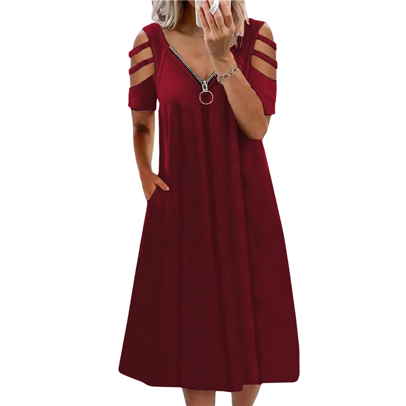 

Summer Dress 2021 Women Casual Loose Beach Dress Sexy Zipper V-neck Dress Short Sleeve Hollow Out Clothes Female Vestidos
