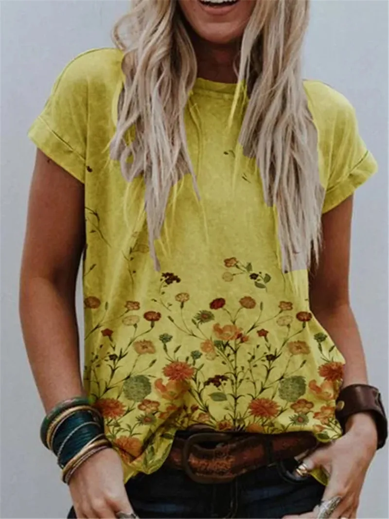 Платье с цветочным принтом для женщин футболки Летние короткими рукавами