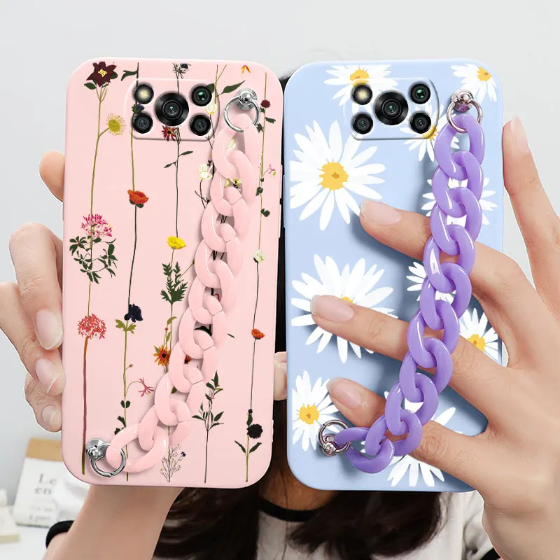 wrist chain case for xiaomi poco x3 nfc 6 67 silicone soft tpu phone cover for poco x3 pro pocox3 x 3 flower bumper shell bags free global shipping