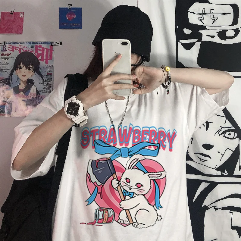 

Summer T-shirt Female 2021 Korean Harajuku Style Hot Cartoon Rabbit Print Cute Style Loose Student Short Sleeve Shirt