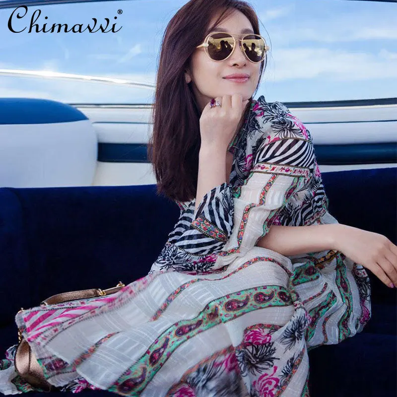 

Casual Tourism Maxi Dress Women Fashion V-neck Long Sleeve Seaside Vacation Dress Loose Slimming Fairy Floor-length Dress