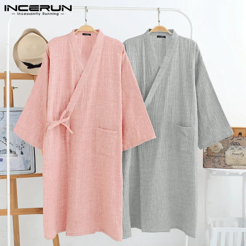 

Men Cotton Robes 3/4 Sleeve V Neck Kimono Leisure Breathable Couple Pajamas Japanese Sleepwear Solid Men Bathrobes S-5XL INCERUN