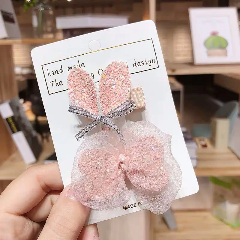 2pcs pink M MISM/2 шт./компл. заколки для волос с бантиком-бабочкой и кроличьими ушками, заколки для волос, шпильки для девочек, детские аксессуары для волос, вечерние - Цвет: 2pcs pink