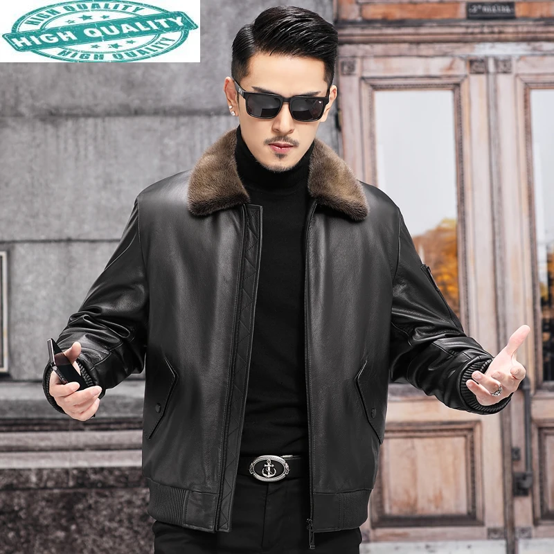 

Genuine Men's Cowhide Leather Jacket Men Winter Real Mink Fur Collar Coat Male Casual Jaqueta Masculina Gxy757