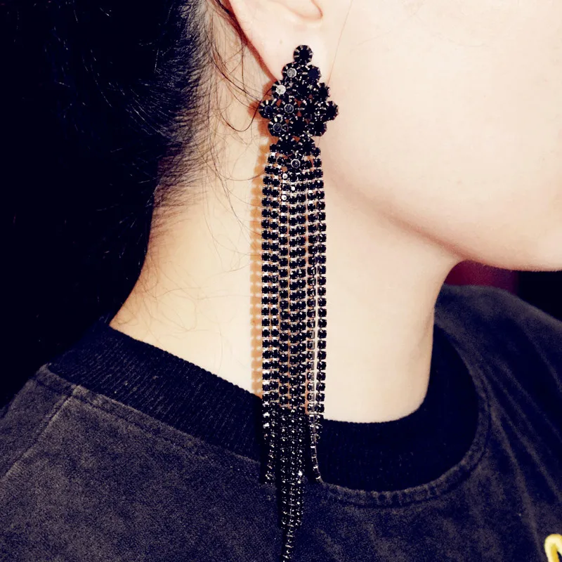 Потрясающие Стразы длинные цепи Висячие серьги для женщин модные ювелирные