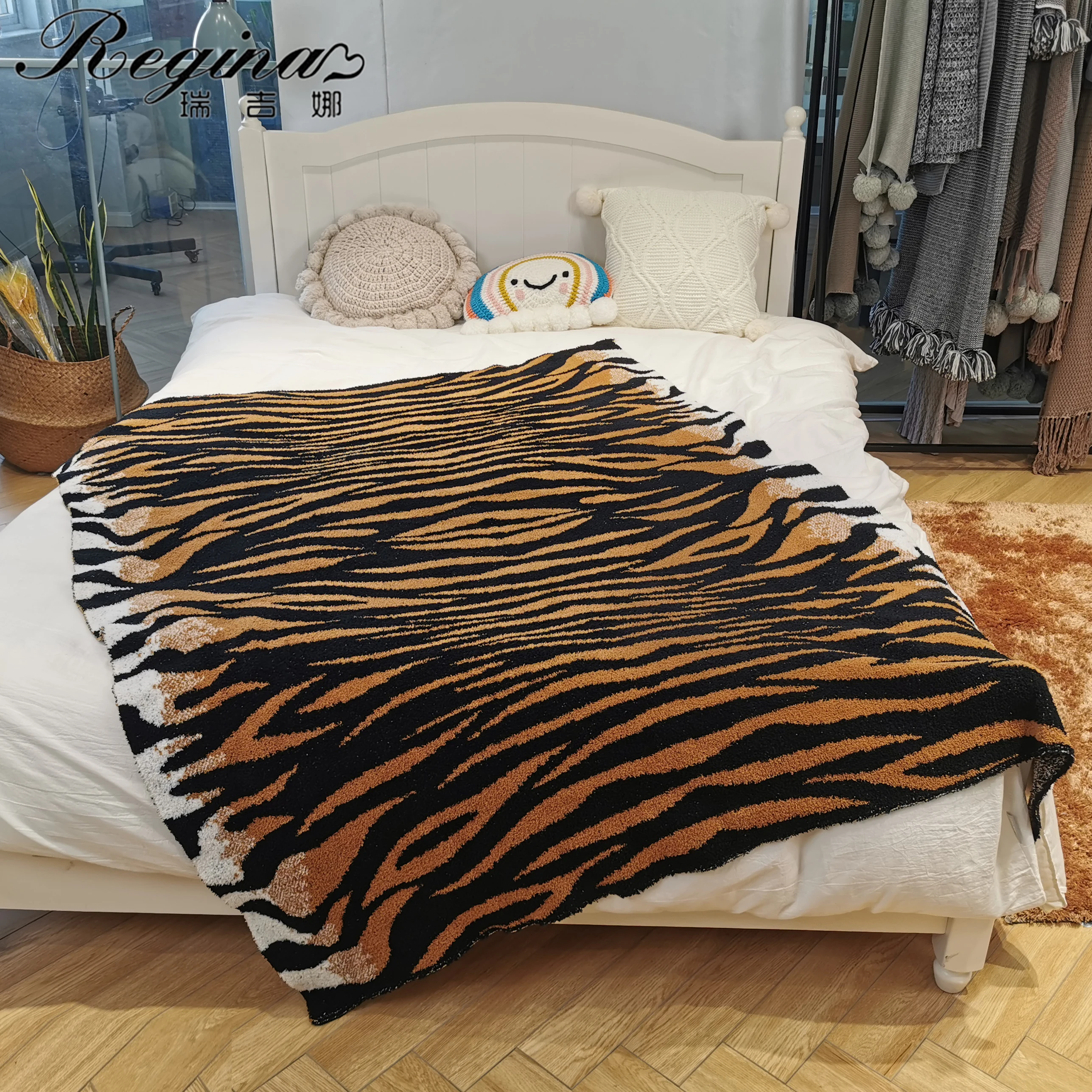 Manta de microfibra peluda con dise&ntilde;o de tigre para el hogar, manta de punto de felpa c&aacute;lida y decorativa para sof&aacute; y cama del coche, regalo de A&ntilde;o Nuevo Chino, REGINA-1