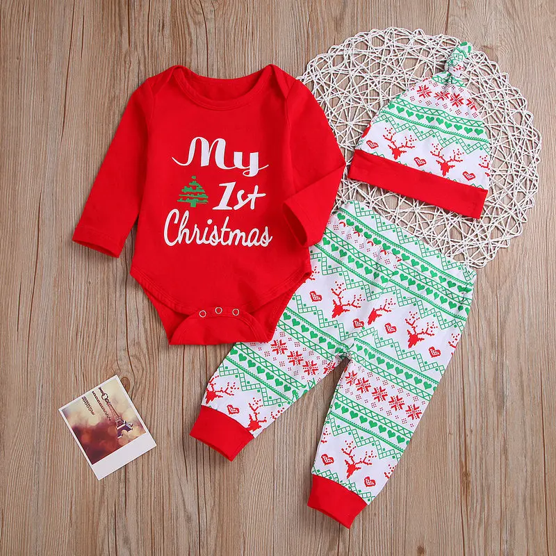 С надписью My First Christmas для маленьких девочек 3 шт./компл. повязка на голову с бантом+ футболка с длинным рукавом белый комбинезон с оленем+ блестящие красные штаны 1st Рождественская одежда наряды
