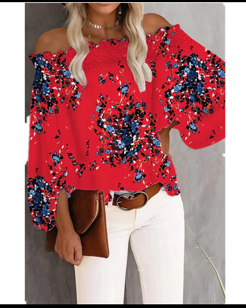 

2021 autumn sexy fashion one-line neck strapless long-sleeved new lantern sleeve t-shirt loose top women's clothing