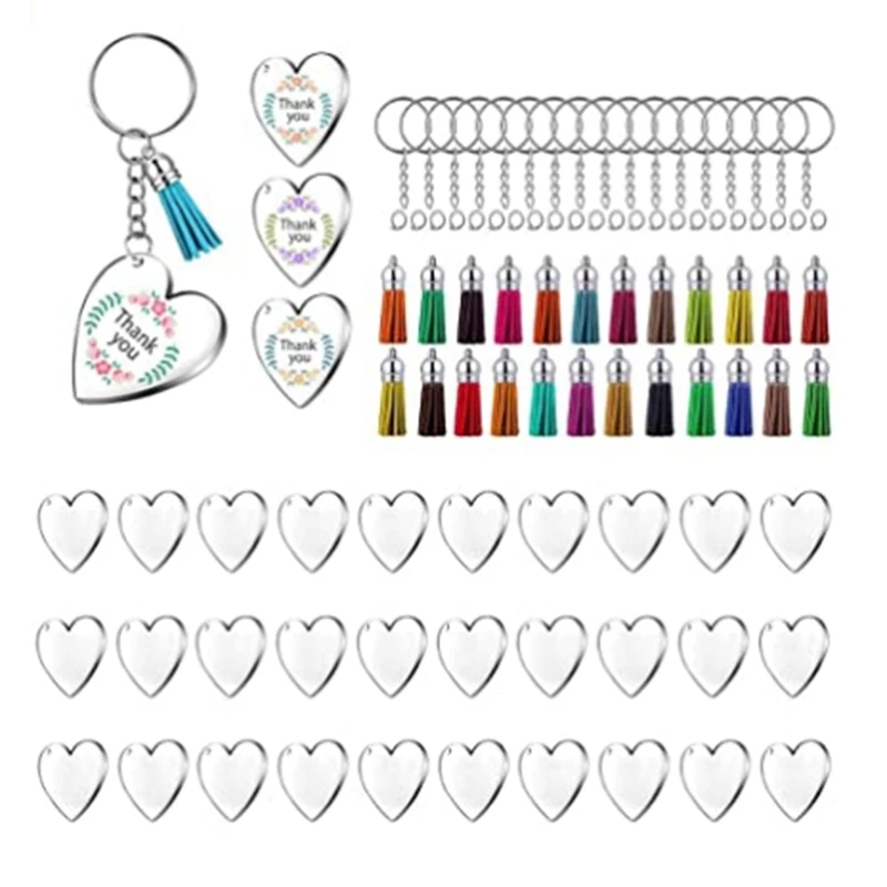 

90Pcs Acrylic Discs Clear Heart Keychain Blanks Charms and Colourful Tassel Key Rings for DIY Crafts Jewelry Making