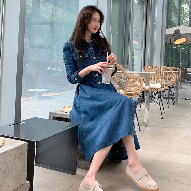 

Spring Womens Denim Long Sleeve Dress 2021 Fashion Elastic Waist Pockets Button A-Line Casual Turn-Down Collar Slim Jeans Dress