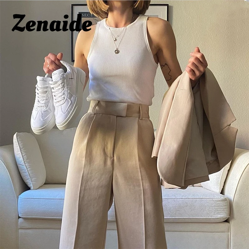

Zenaide Office Ladies Wide Leg Pants High Waist Casual Classic Slim Fashion Elegant Solid Pleated Beige Women Trousers 2021