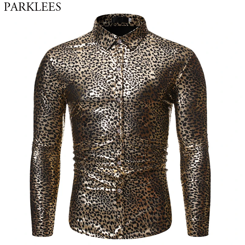 Рубашка мужская облегающая с леопардовым принтом пикантная Классическая в стиле