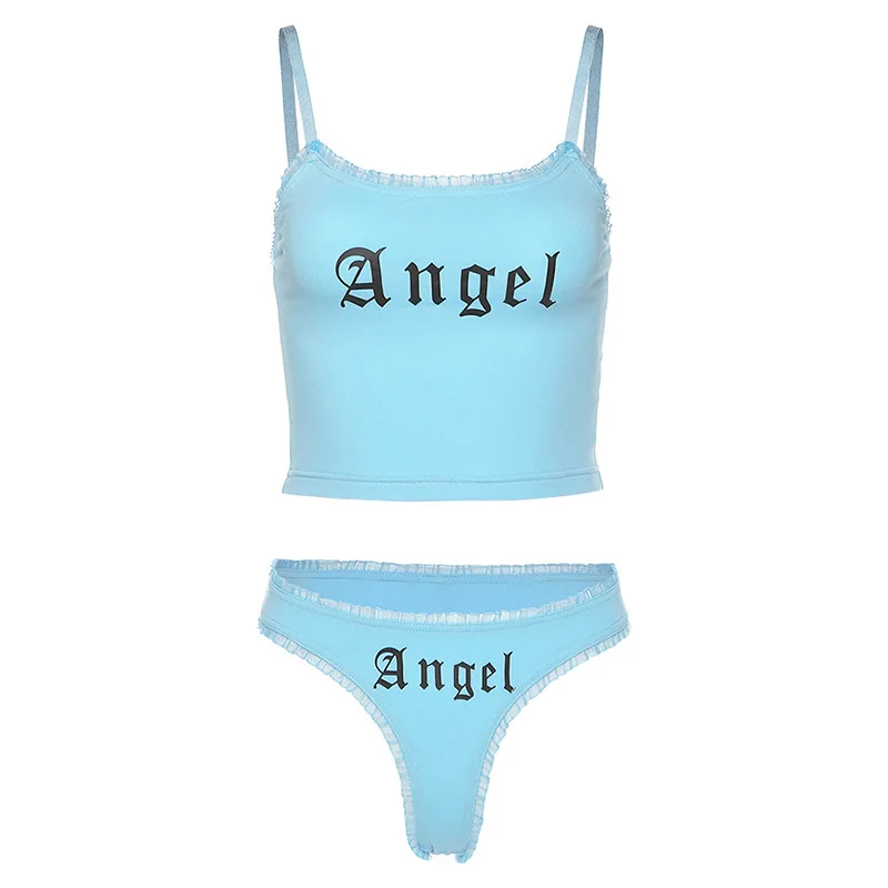 InsGoth Sexy High Waist Women Sets Letter Print Fashion Female Two Piece Set Summer Crop Tank Top And Briefs Matching |