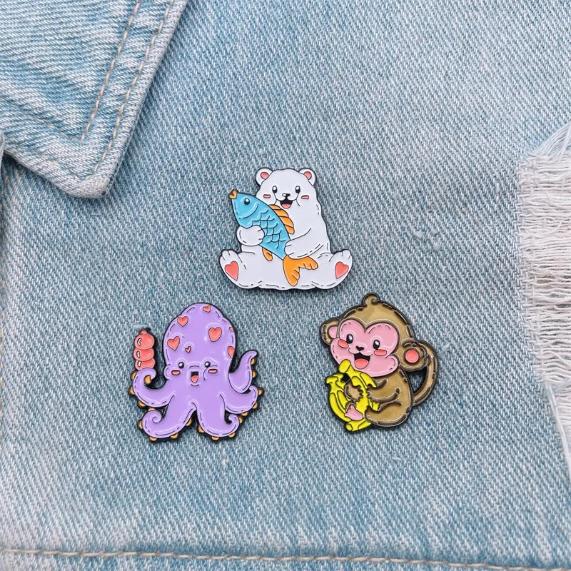 Мультяшные забавные животные эмалированная Брошь Кот обезьяна Осьминог Рыба