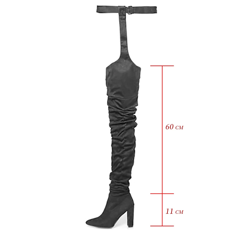 Women Sexy Waist Strap Over Thigh Knee Boots Long High Block Thick Heels Bootie with Pointed Toe Suede Leather Shoes Botas