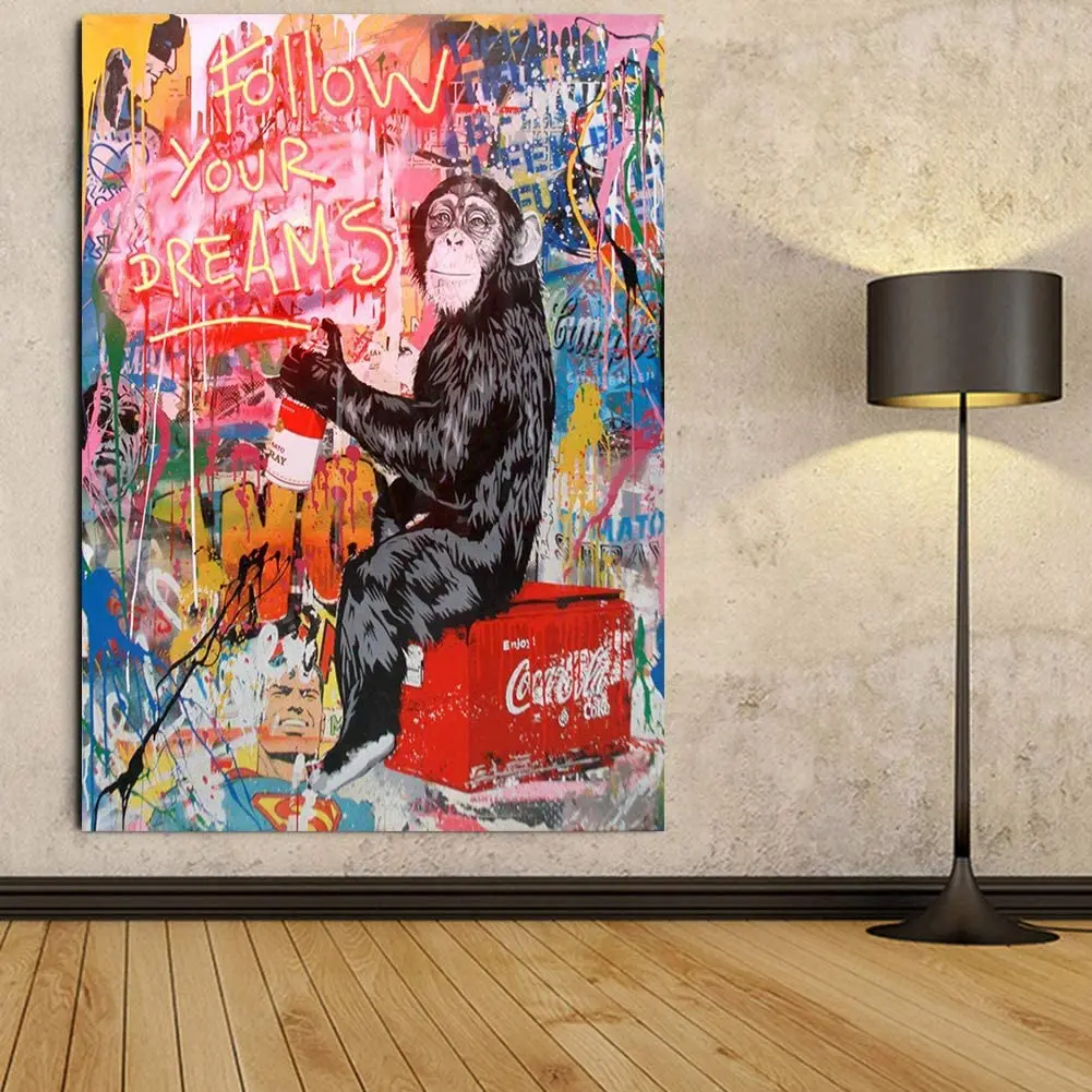 

Banksy Graffiti Street Art Canvas Paintings Wall Art Drawing Orangutan ‘Follow Your Dreams’ Pop Art Prints Posters Modern Home
