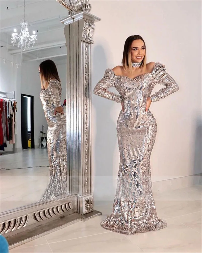 Сексуальные блестящие Длинные вечерние платья с открытыми плечами и юбкой-годе