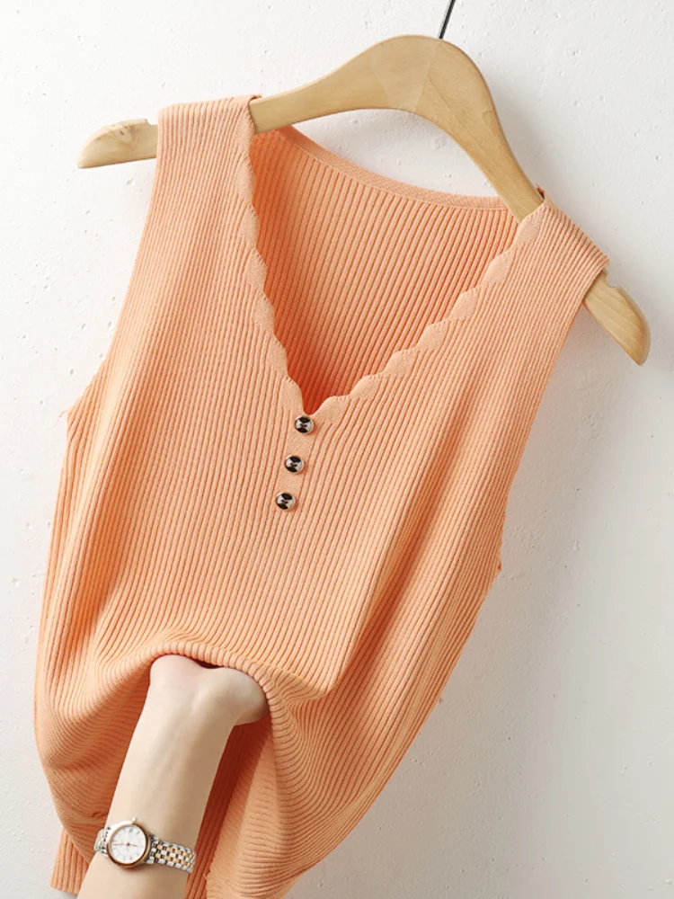 

Solid Knitted Women Tank Tops Summer New Button V-Neck Sleeveless Elastic Office Lady Outwear Tees