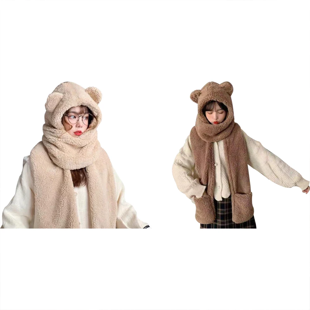 

NEW Creative Women Winter Caps Warm Cute Bear Ear Hat Casual Plush Hat Scarf Gloves Set Ladies Casual Solid Fleece Caps