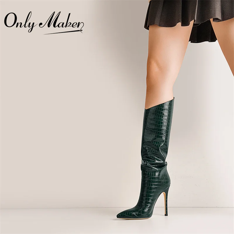 

Женские лакированные сапоги Onlymaker, зеленые высокие сапоги до колена с острым носком, на высоком каблуке-шпильке, с крокодиловым принтом, без ...