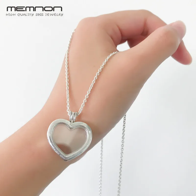 Memnon S925 Сверкающее плавающее сердце медальон ожерелья для женщин 925 стерлингового