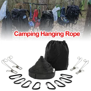 4.3m Outdoor Camping Lanyard Hanging Rope Multifunctional 19 Loop Campsite Clothesline Storage Rope with Carabiners, Clips, Bag