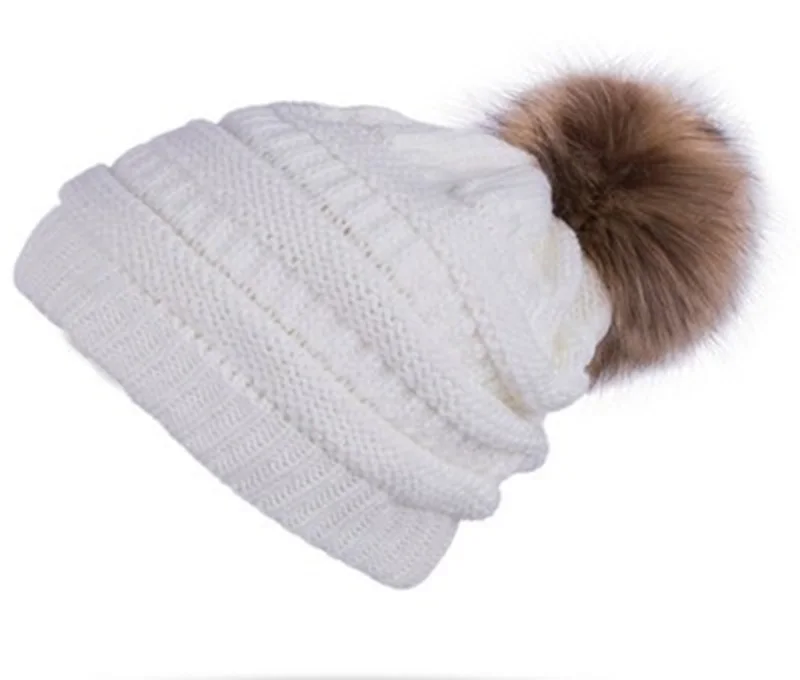 Женская теплая вязаная шапка CC Beanies, шапка из искусственного меха с помпонами, толстая женская шапка Skullies Skully, Женская Повседневная Лыжная Шапка s - Цвет: White