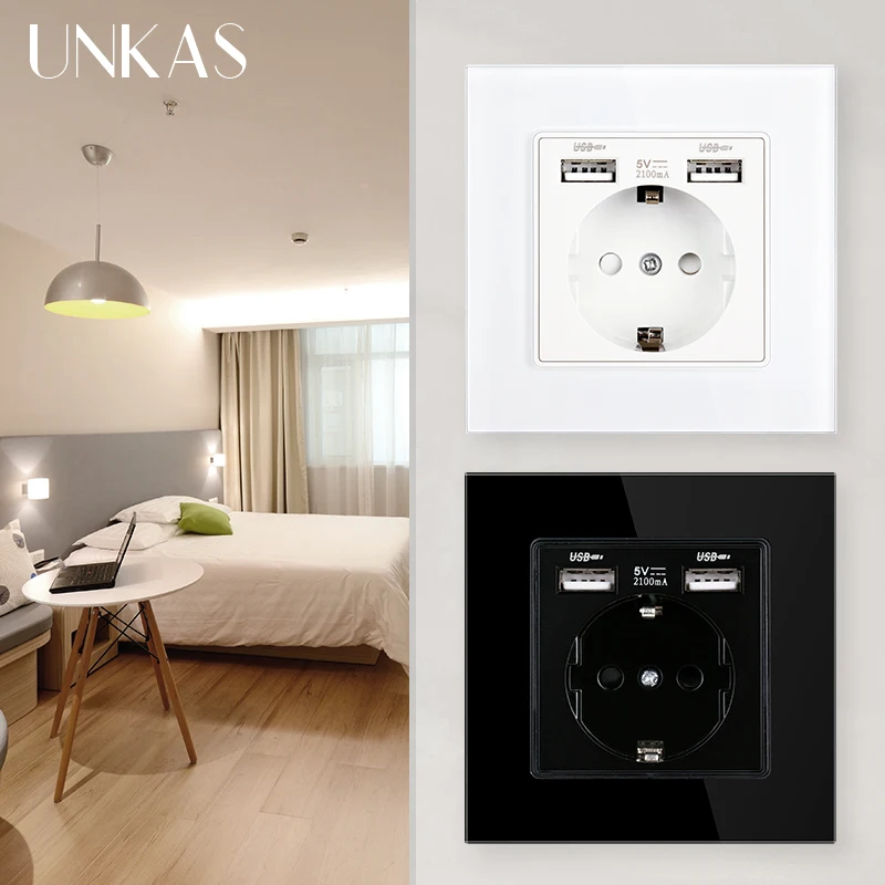 UNKAS Gray EU Standard Wall Power Socket Dual USB Charger Port 16A Tempered Crystal Glass / Plastic Panel White 86mm Outlet