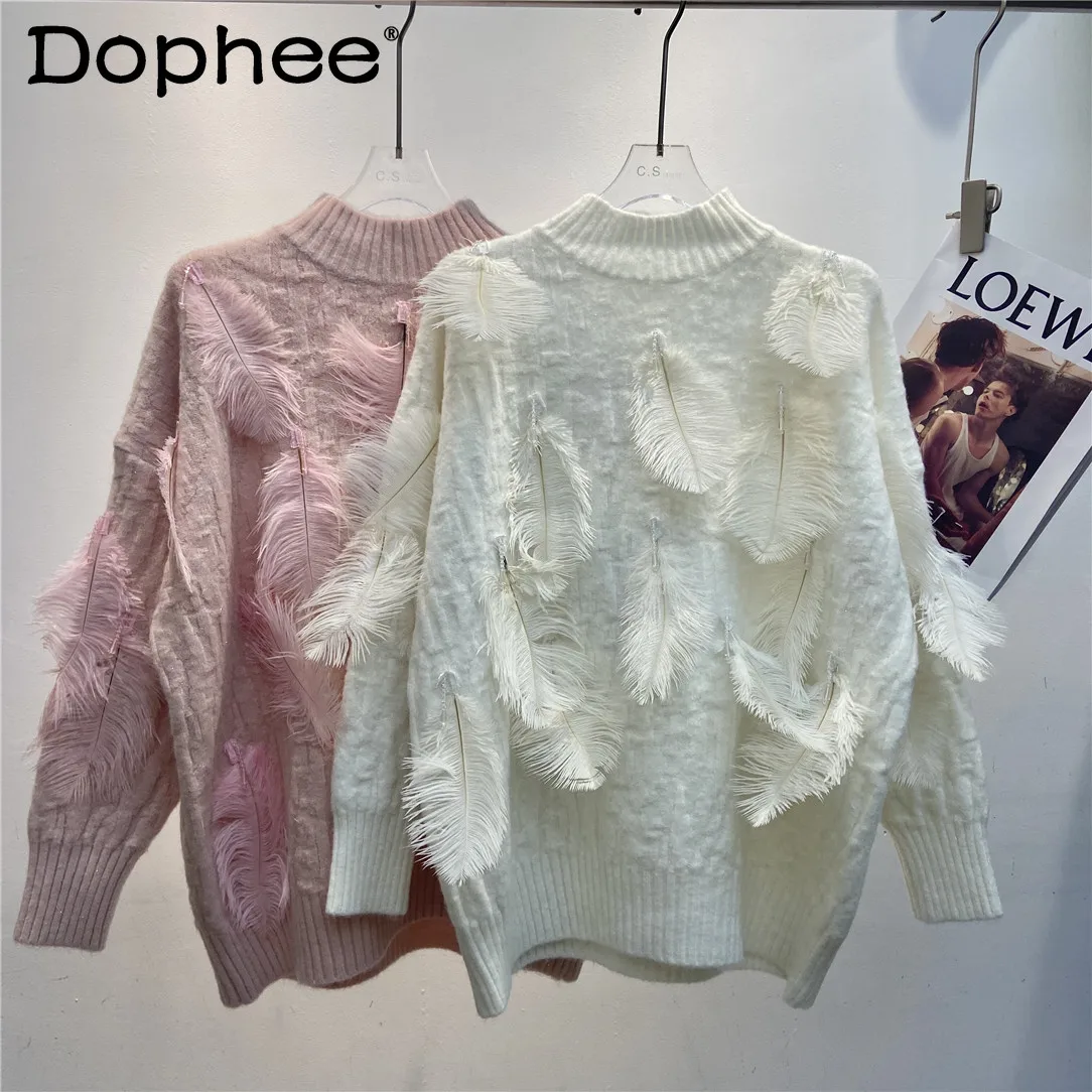 

Sweet Feather Stitching Long-Sleeved Sweater Women Girls Solid Sweater Coat Pullover Fashion Loose Casual Knitwear Jacket Top