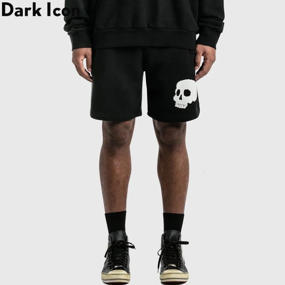 

Dark Icon Elastic Waist Skeleton High Street Men's Shorts Terry Material Cotton Black Shorts Man