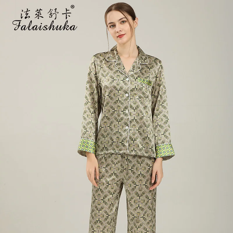 Women's Silk Pajamas Sets 2021 Summer Spring Full length Sleeve Sleepwear Home Wears Two Piece Pajamas  Set