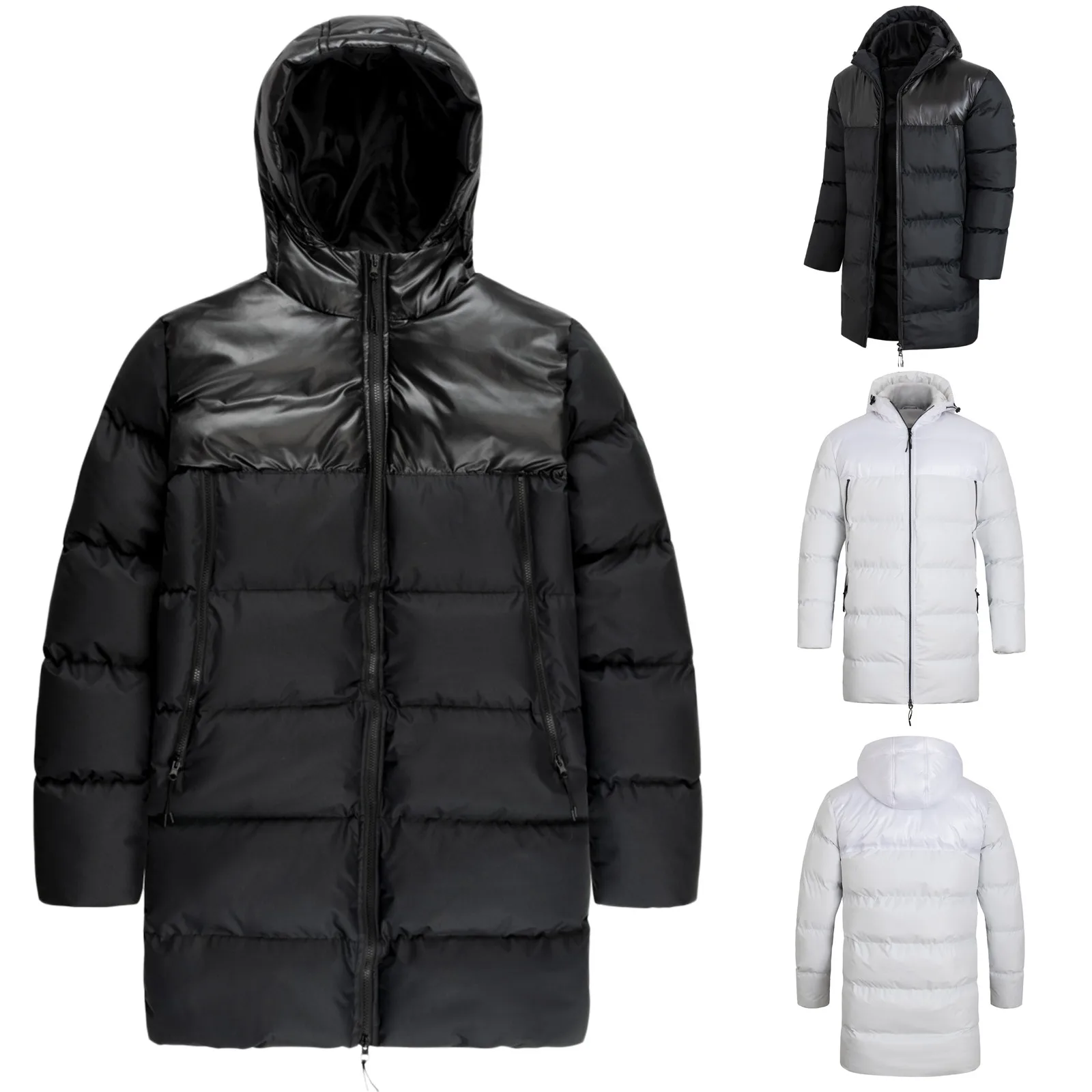 

Men's Thick Bread Cloth Winter Hooded Solid Color Mid-Length Full-Zipper Padded Plus Size Cotton Coat Jacket