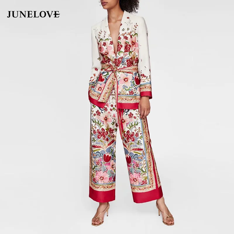 JuneLove Women Autumn Long Sleeve Print Blazers Jackets Vintage Floral Female Suits Casual Street Office Lady Sets Loose Bottoms