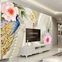 european style 3d home and wealth jewelry rose peacock silk backgrou wall sticker papel de parede painting fresco home d%c3%a9cor