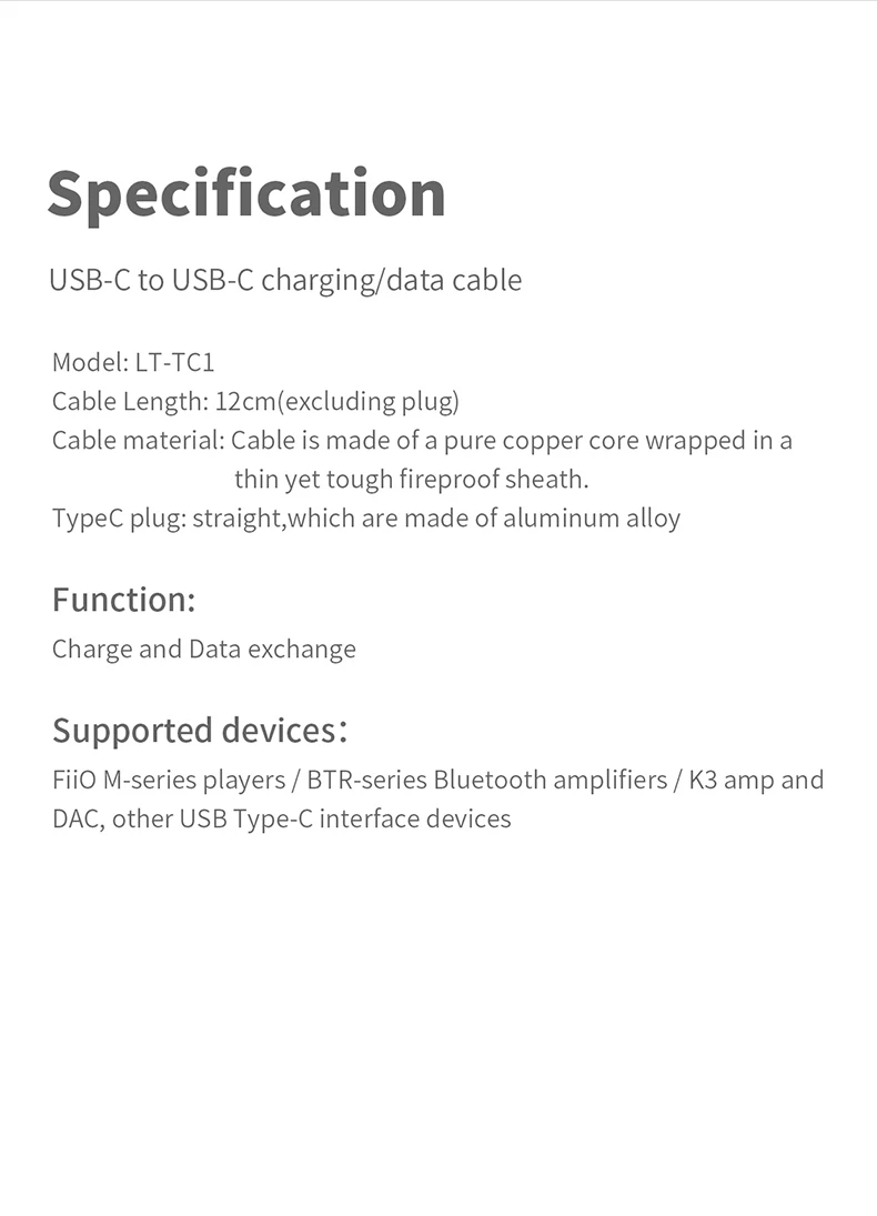 FiiO LT-TC1 TypeC к TypeC аудио кабель для декодирования для FiiO K3/M9/M6/M11/M5/BTR3 SHANLING UP2 и т. д