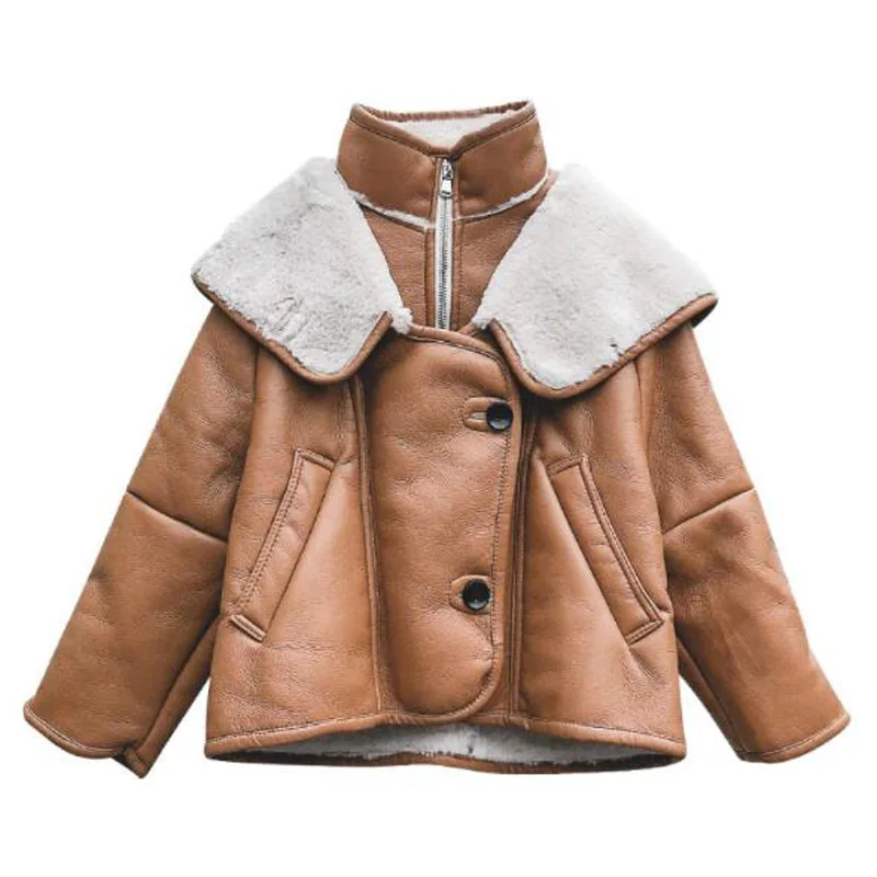 

Cultiseed Girls Autumn Winter Lambswool Patchwork PU Leather Jackets Big Children Kids Vintage Fashion Turtleneck Outerwear Coat