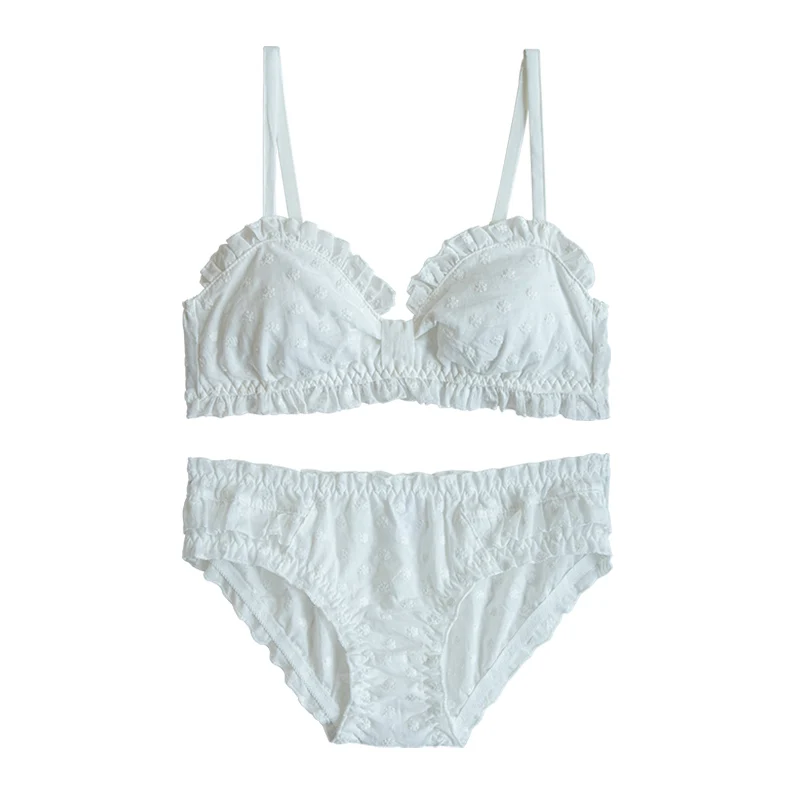 Japanese Underwear Small Fresh Thin Triangle Cup No Steel Ring Bra Set Women Cute Lace Trim Young Girl Bra Panties Set Student