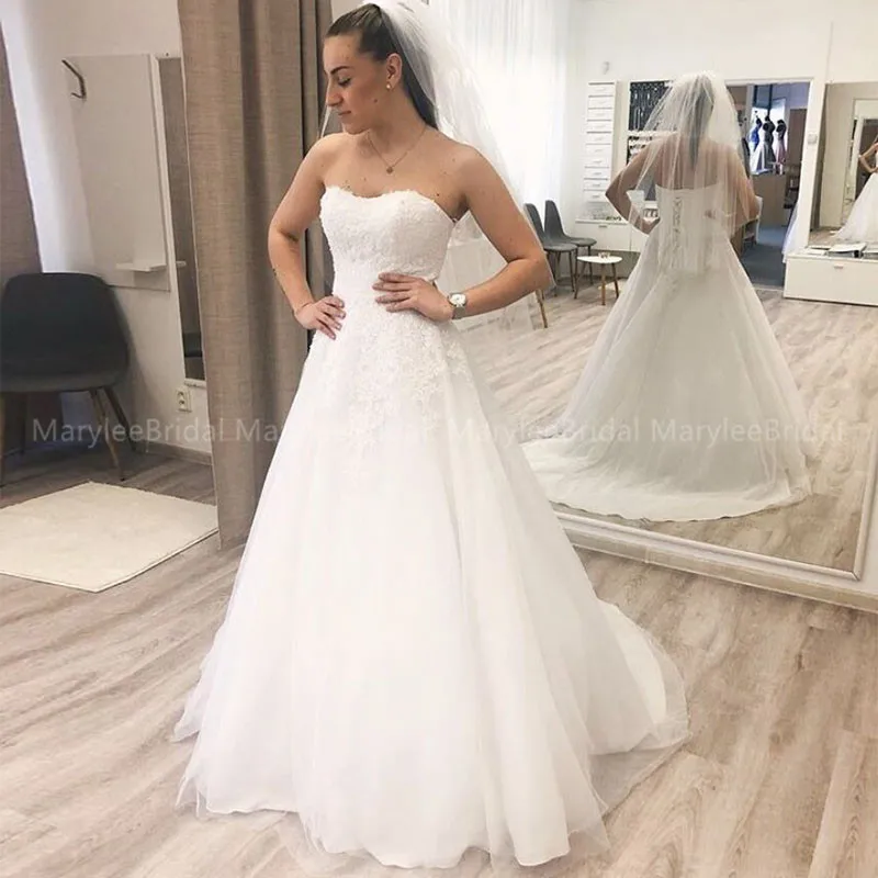 Женское свадебное платье без бретелек ТРАПЕЦИЕВИДНОЕ ПЛАТЬЕ со шлейфом и