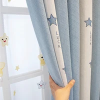 cartoon stars cotton linen blue pink blackout curtain for kids girls bedroom fashion stitching stripes drapes window treatment