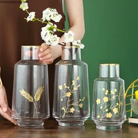 nordic minimalist glass vase transparent bottle body carved gilded craft vase living room home flower arrangement ornaments