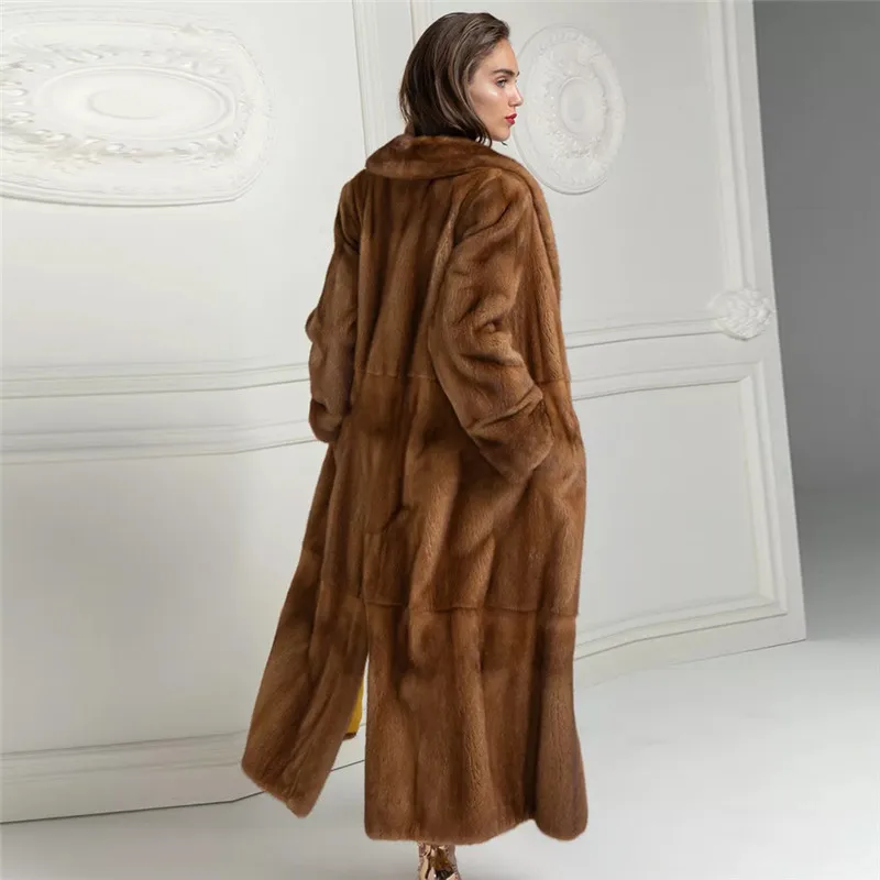 BFFUR Winter Luxury Real Mink Fur Coats Women 120cm Long Whole Skin Natural Mink Fur Jacket Genuine With Lapel Collar Fur Coat