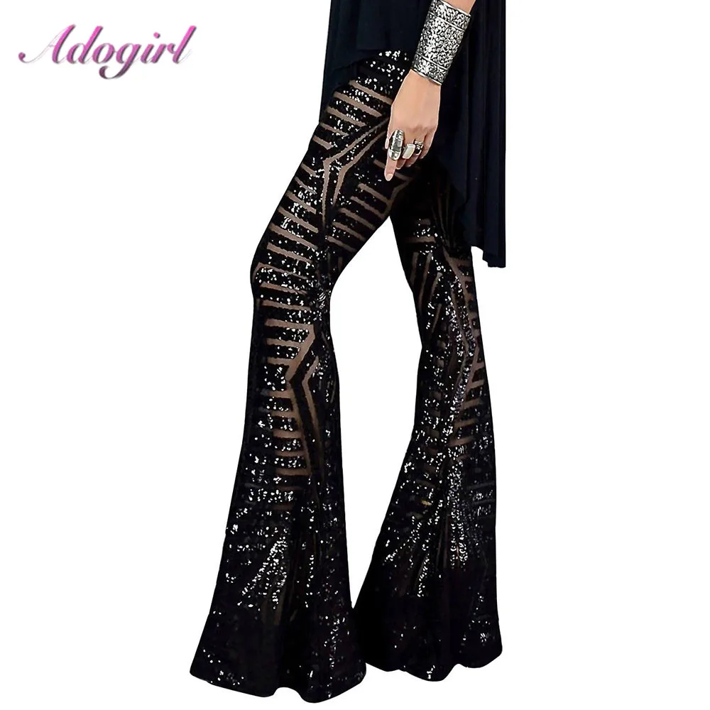 

Casual Sequins Wide Leg long Pants Women 2019 Glitter Silver Black High Waist Trousers female outfit streetwear club flare pants