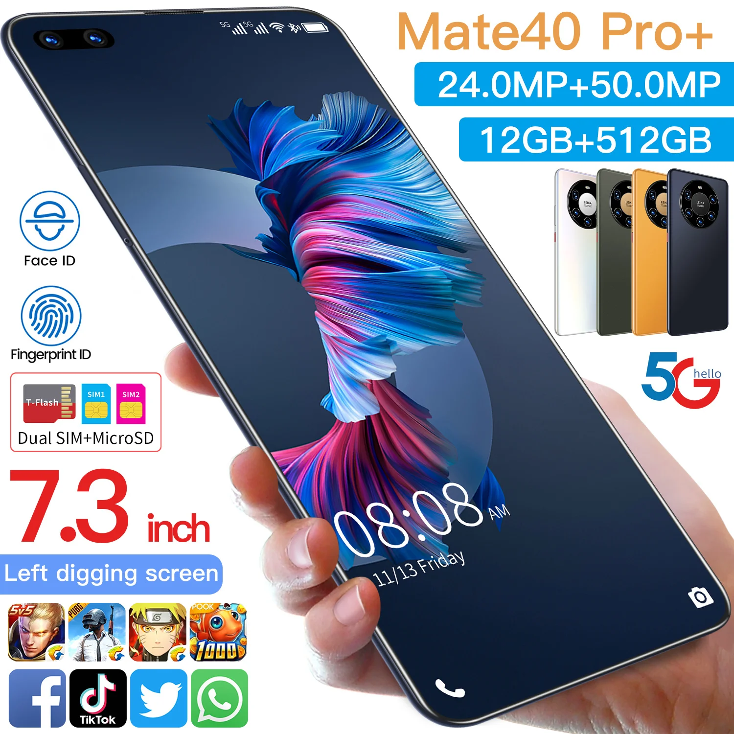 

Mate40 Pro Global Version Smartphone Snapdragon 888 10 Core 7.3 Inch 12GB 512GB 24MP 50MP Deca Core 6000mah Face ID Cell Phones