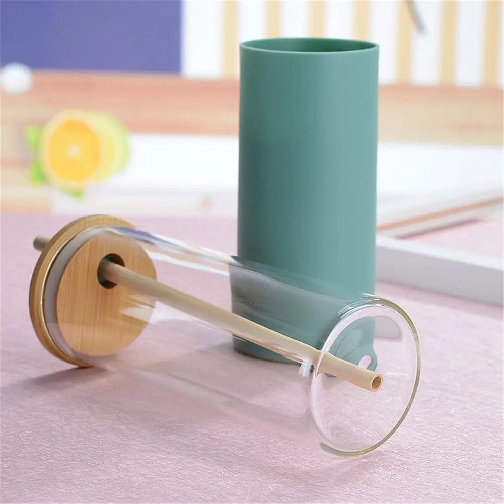 450ml Water Bottle Drink Juice Straw Cup Kettle Bamboo Cover Silicone Case Transparent Coffee Tea Drinkware | Дом и сад