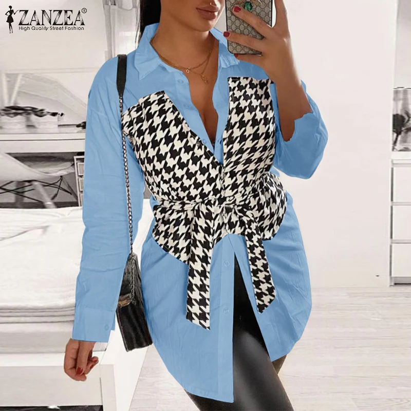 

ZANZEA Women Plaid Patchwork Casual Solid Chemise Oversized Blusa Shirts Blouse 2022 Spring Autumn Long Sleeve Belted Tunic Tops