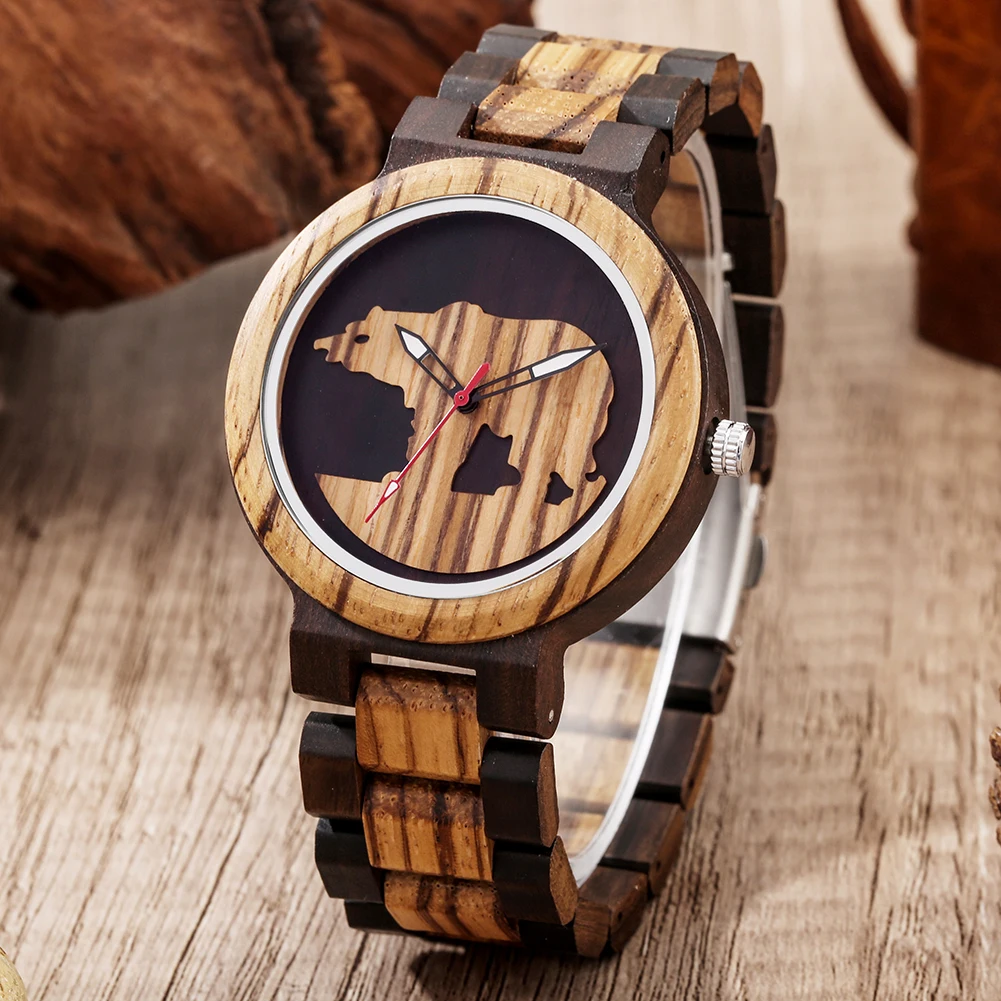 

Chic Polar Bear Pattern Wooden Watch Dial Practical Men'S Quartz Watches Full Wood Strap Fold Buckle Suitable for Everyday Wear